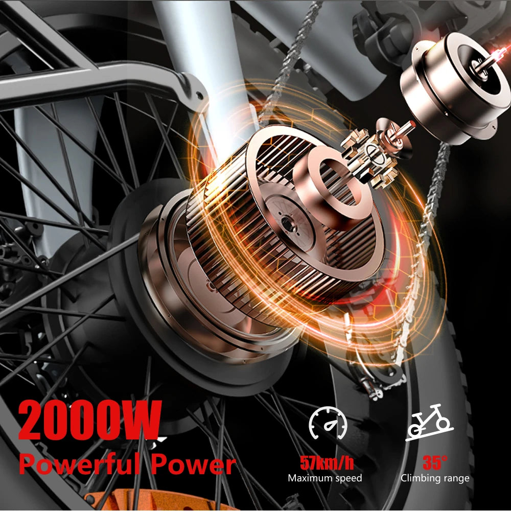 Bicicleta eléctrica para adultos HX Q20PRO de 2000 W, 48 V, 20 Ah, batería extraíble, plegable, neumáticos anchos de 20 pulgadas.