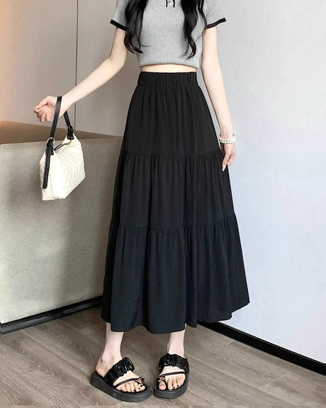 Spring 2024 New Women's Petite Black Umbrella Skirt High-waisted A- line White Dress Long Dress Drape Sense - Lootquake