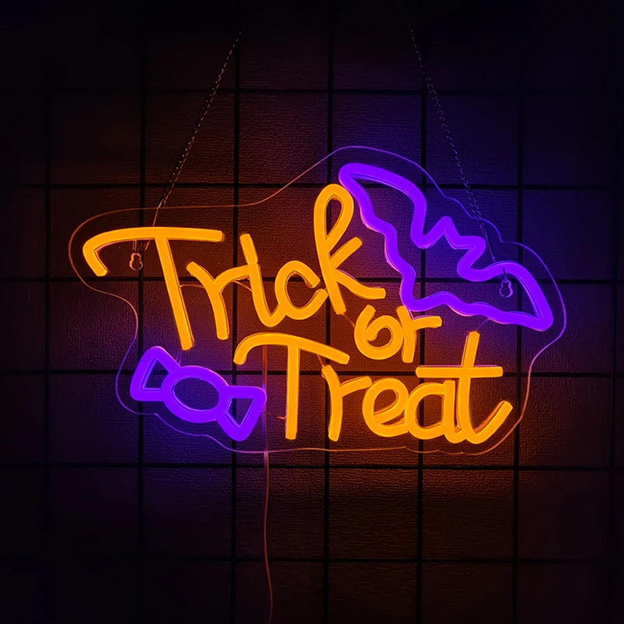 Halloween Neon Signs, Magic Hats And Weird Bat Icons Are Used For Decor In Rooms, Game Rooms, Scary Spaces, Clubs And Bars.