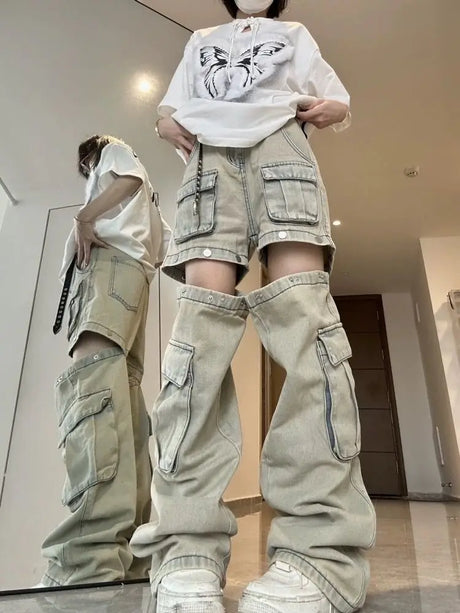 American New Detachable Design Sense Tooling Jeans Female Y2K Fashion Gothic Retro High Street Straight Small Vibe Waisted Pants - Lootquake