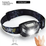 Potente linterna frontal LED recargable con sensor de movimiento corporal, linterna frontal para acampar, linterna frontal con USB