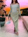 BOOFEENAA Vestido largo negro de malla transparente con patchwork, otoño 2024, sexy, elegante, con hombros descubiertos, manga larga, cortes, C66-EZ33