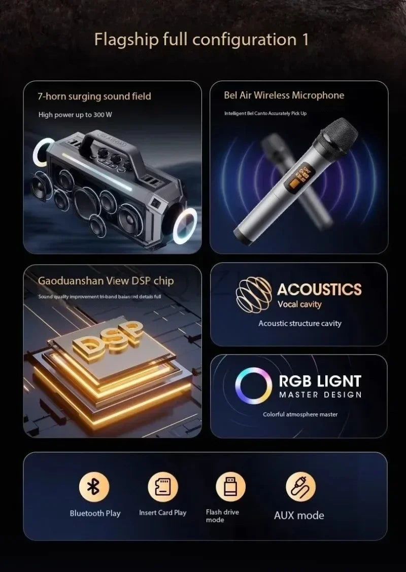 Enceinte Bluetooth sans fil haute puissance 300 W, portable, étanche IPX6, idéale pour les fêtes en extérieur.