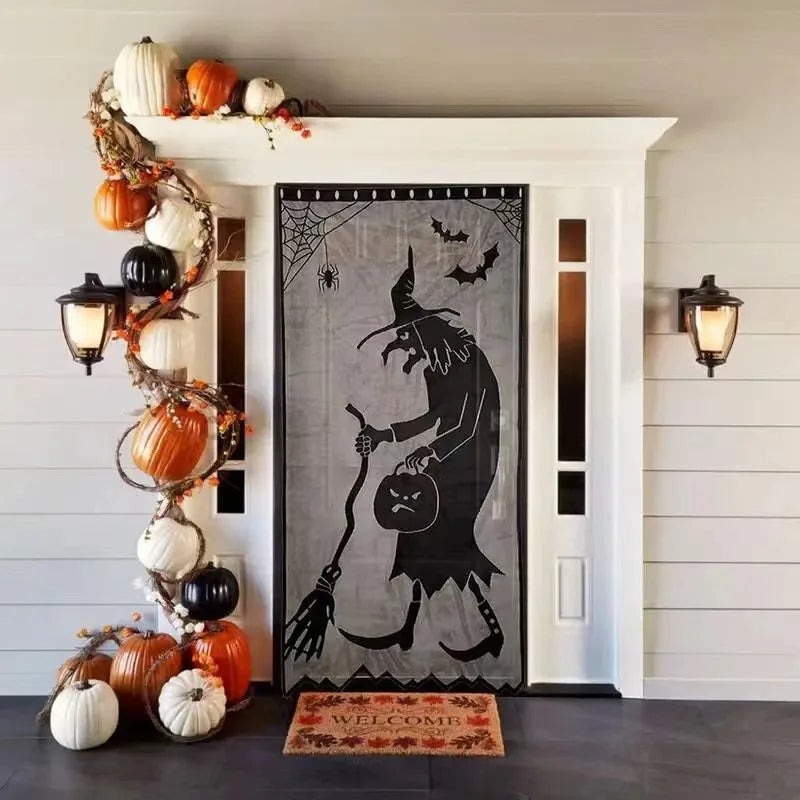 Halloween Window Decorations Halloween Door Curtain Skeleton & Bat Black Lace Panel for Haunted House Decor