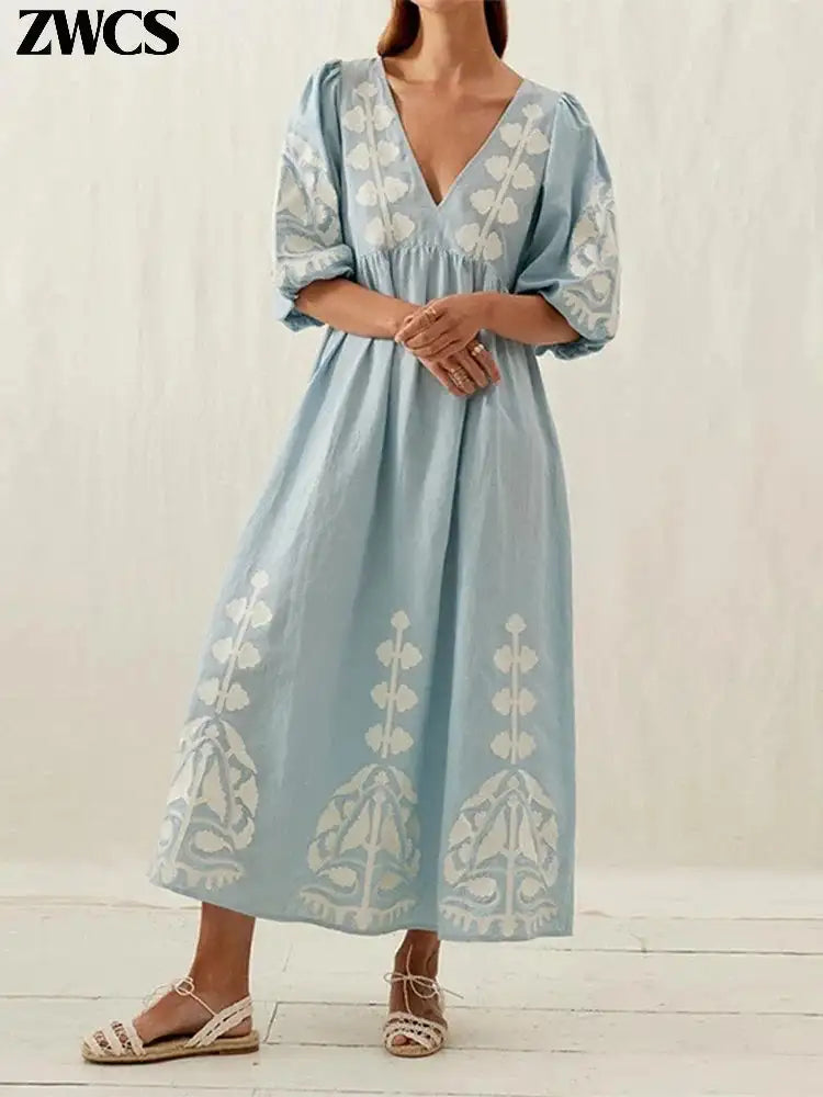 Elegant Print Half Puff Sleeve Dresses Women Loose V-neck Lace Up Backless Long Dress 2024 Summer New Ladies Chic Beach Robes - Lootquake