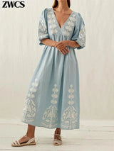 Elegant Print Half Puff Sleeve Dresses Women Loose V-neck Lace Up Backless Long Dress 2024 Summer New Ladies Chic Beach Robes - Lootquake