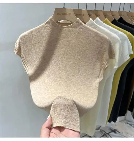 Half High Collar T-shirts Flying Sleeve Design Slim Knitted Sleeveless Top Women Simple Comfortable White T-shirts Summer 2025 - Lootquake