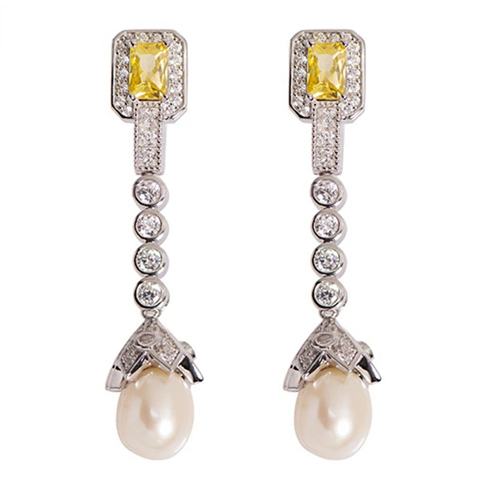 Karachis Vintage Elegant 925 Sterling Silver Natural Pearl High Carbon Diamond Citrine Gemstone Earrings for Women Jewelry - Lootquake