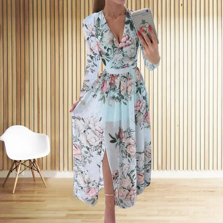 Amazon eBay Cross border 2024 Summer Chiffon Printed Long Dress V-neck Dress Long Sleeve Split Dress Women - Lootquake