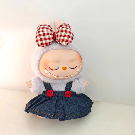 Labubu Doll Clothes & Accessories Denim Skirt With Red Bow Headband Set Trendy Outfits for Labubu Collectibles - Lootquake