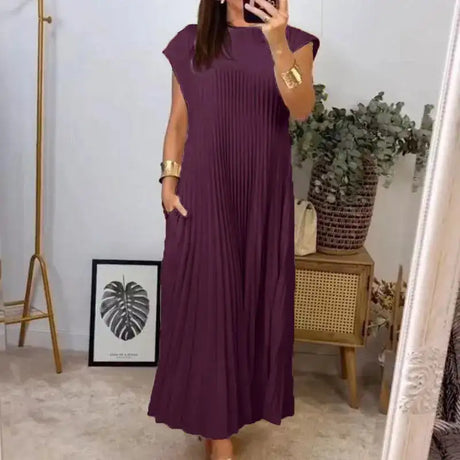 Women's Elegant And Fashionable Round Neck Sleeveless Pleated Long Dress In Solid Color Beige With Pockets, Oversized Long Skirt - Lootquake