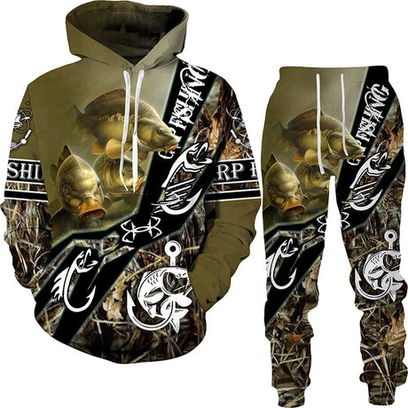 New 3D Fishing Art Print Casual Couple Hoodies Outfits Hip Hop Streetwear Hooded Sweatshirt+Sweat Pants Men's Tracksuit Set - Lootquake