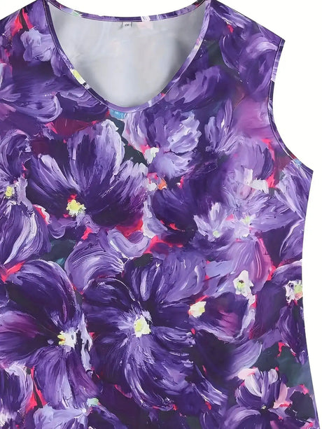 Plus Size Floral Print Tank Top, Casual V Neck Sleeveless Top For Summer, Women's Plus Size Clothing - Lootquake