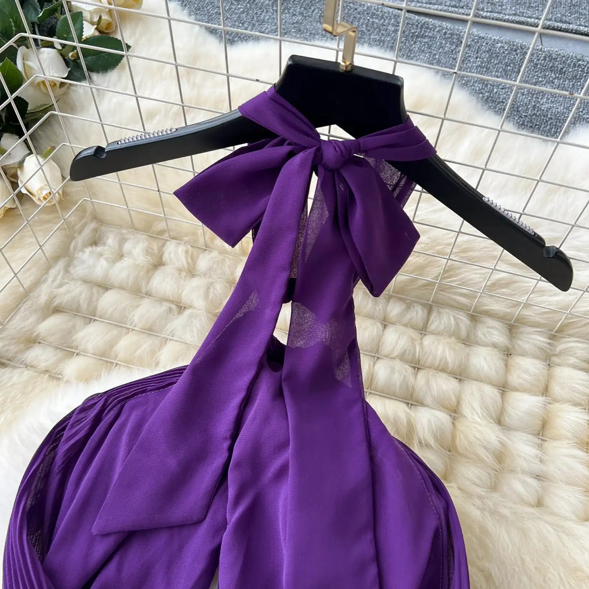 SINGREINY Sexy Halter Pleated Dress Women Summer Hollow Out Cross Lace Up Zipper Design Sleeveless Backless Elegant Long Dress - Lootquake