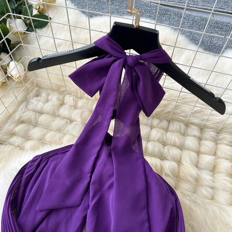 SINGREINY Sexy Halter Pleated Dress Women Summer Hollow Out Cross Lace Up Zipper Design Sleeveless Backless Elegant Long Dress - Lootquake