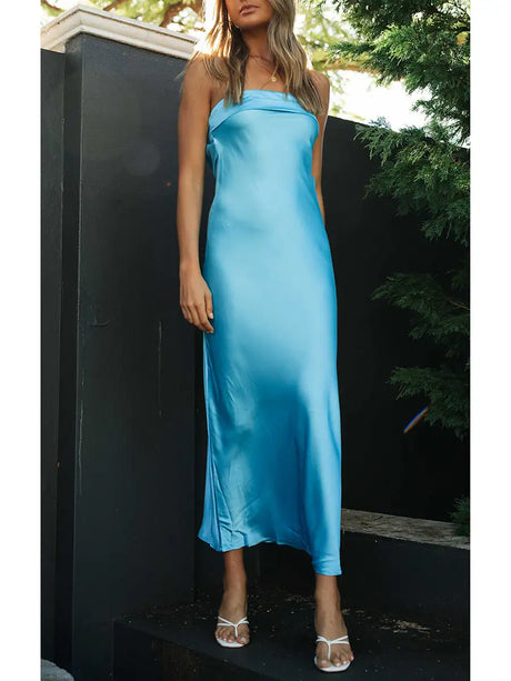 Women Summer Solid Color Party Strapless Dress Sleeveless Backless Elastic Strap Silk Surface Elegant Long Dress - Lootquake