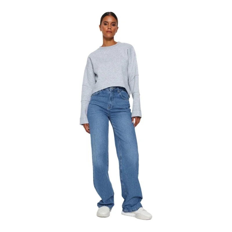 Trendyol TYZA Women's Jeans Casual Beltless Wide Leg Denim Plain Jeans Wide Leg Casual Pants Denim Pants - Lootquake