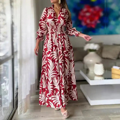 Europe And America Cross Border Autumn/Winter New Long Dress with Waist Pullover And Bohemian Print Long Sleeve Large Swing - Lootquake