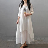 Women Elegant Linen White Dresses Bohemia Layering Vintage Robe Long Sleeve Loose Long Dress Female Autumn Vestidos - Lootquake