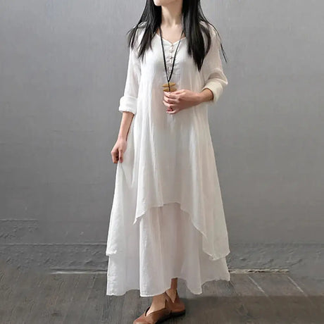 Women Elegant Linen White Dresses Bohemia Layering Vintage Robe Long Sleeve Loose Long Dress Female Autumn Vestidos - Lootquake