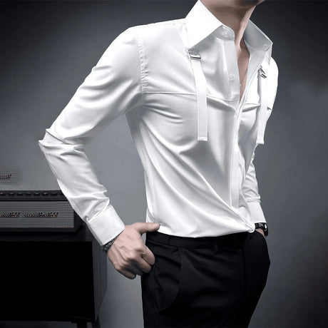 Fashion Unique Suspender Design Long-Sleeved Shirt Mens High-End 2024 Autumn New Trend Casual Solid Color Y2k Mens Shirt - Lootquake