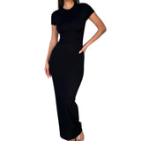 Solid Black White Skinny Long Dress Women's Summer Fashion Plain Bodycon Maxi Tshirt Dress Ladies Simple Casual Slim Dresses - Lootquake