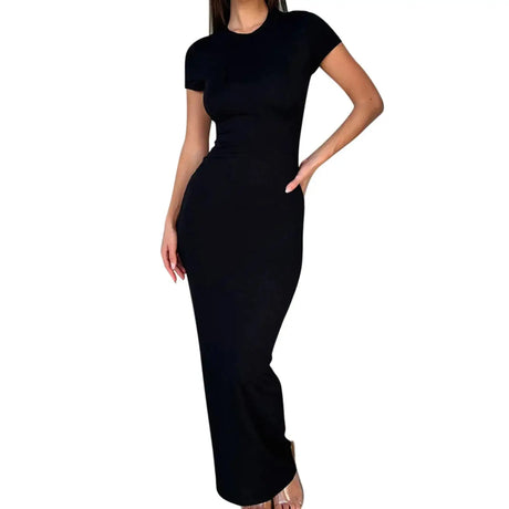 Solid Black White Skinny Long Dress Women's Summer Fashion Plain Bodycon Maxi Tshirt Dress Ladies Simple Casual Slim Dresses - Lootquake