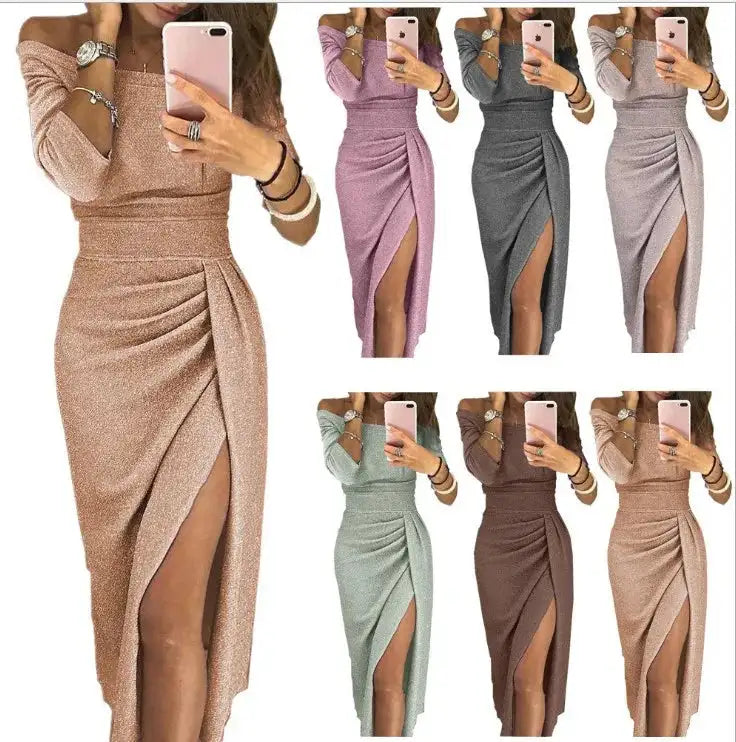 Slit Slash-neck Dress Women Sparkling Slim Long Dress Summer Korean Fashion Dinner Dress Bodycon Solid  Women Dresses Vestidos - Lootquake