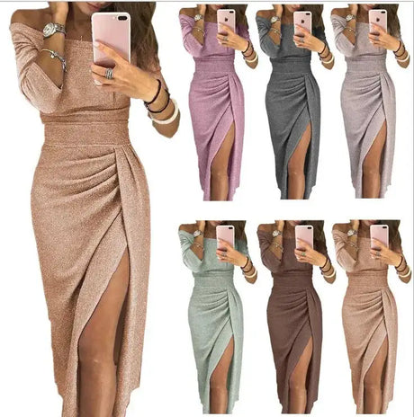 Slit Slash-neck Dress Women Sparkling Slim Long Dress Summer Korean Fashion Dinner Dress Bodycon Solid  Women Dresses Vestidos - Lootquake