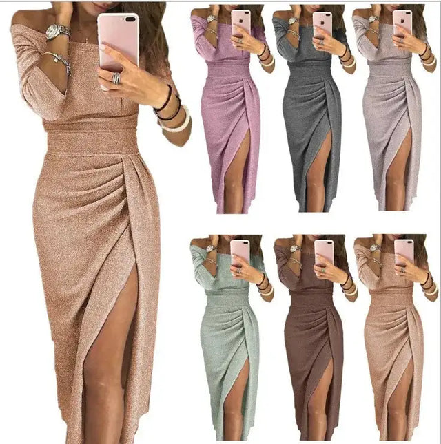Slit Slash-neck Dress Women Sparkling Slim Long Dress Summer Korean Fashion Dinner Dress Bodycon Solid  Women Dresses Vestidos - Lootquake