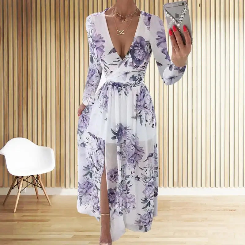 Amazon eBay Cross border 2024 Summer Chiffon Printed Long Dress V-neck Dress Long Sleeve Split Dress Women - Lootquake