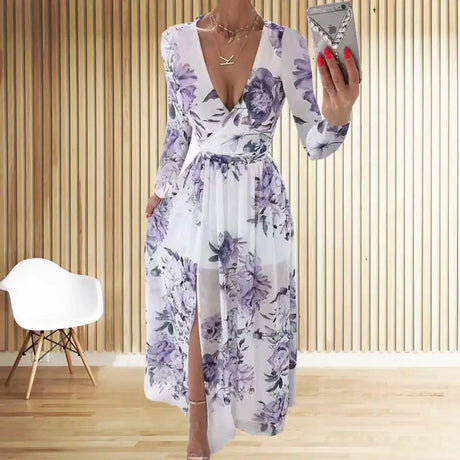 Amazon eBay Cross border 2024 Summer Chiffon Printed Long Dress V-neck Dress Long Sleeve Split Dress Women - Lootquake