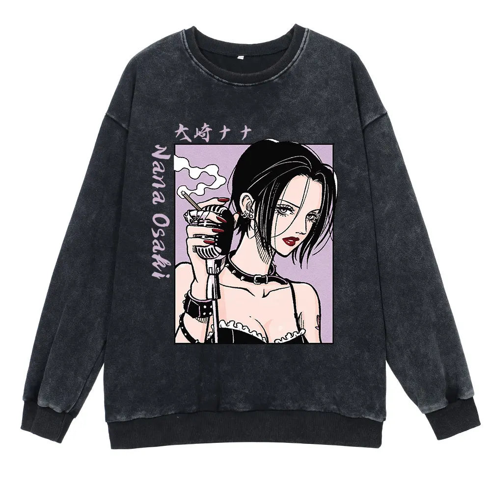 Anime Nana Osaki Round Neck Washed Pullover Casual 100% Cotton Men Women Hip Hop Harajuku Streetwear Vintage Sweatshirt - Lootquake