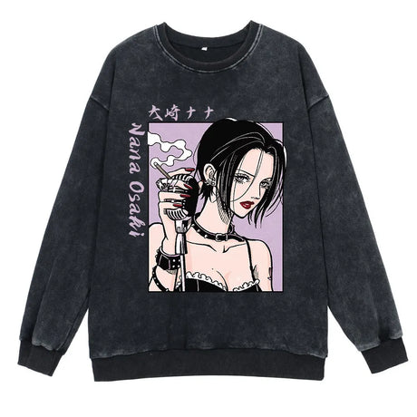 Anime Nana Osaki Round Neck Washed Pullover Casual 100% Cotton Men Women Hip Hop Harajuku Streetwear Vintage Sweatshirt - Lootquake