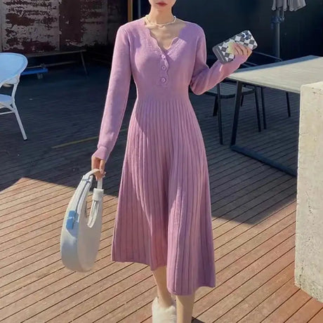 Sweater Long Dress For Woman Clothes Swing Casual Autumn Winter Knitted Korean Slim Long Sleeve Elegance Sweet Femal Clothing - Lootquake