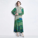 Spring Holiday Print Long Dress For Women Fashion Loose Lantern Sleeve Party Robe Female Big Swing Tassels Belt Pleated Clothes