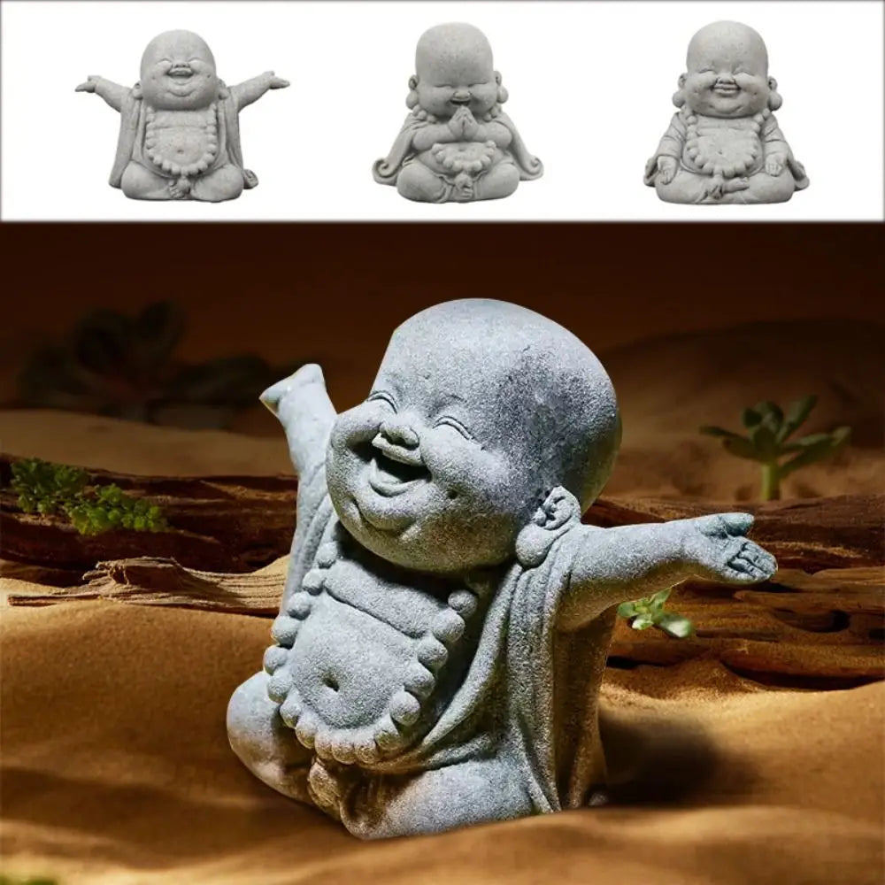 Adorno de Buda sonriente gordo de estilo chino, escultura de Buda de dibujos animados de arenisca verde, estatua de Buda tallada a mano