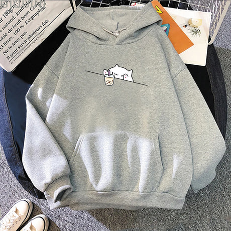 Bubble Tea Casual Pullover hoodie women Cartoon Female Hooded Clothes Plus Size Hoodies Kawaii Cat Boba Women fleece Sweatshirts - Lootquake