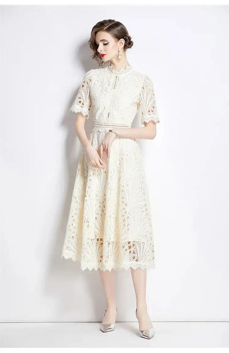 SMTHMA Vintage High-End O-Neck Short Sleeve Lace Hollow Out Dress For Women's Summer Slim Elegant Long Dress Female Clothing - Lootquake