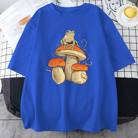 Cottagecore Aesthetic Mushroom Dark Academia Frog Funny T Shirt Men Casual Oversize Cotton Short Sleeve Street Hip Hop T-Shirts - Lootquake