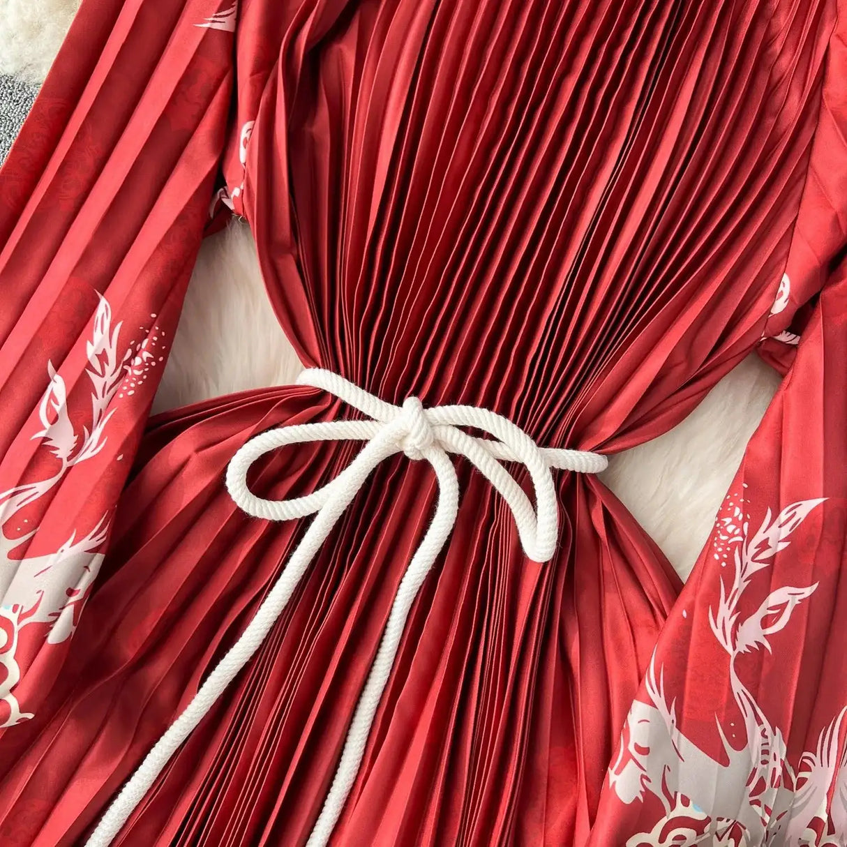 Spring Holiday Print Long Dress For Women Fashion Loose Lantern Sleeve Party Robe Female Big Swing Tassels Belt Pleated Clothes