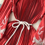 Spring Holiday Print Long Dress For Women Fashion Loose Lantern Sleeve Party Robe Female Big Swing Tassels Belt Pleated Clothes