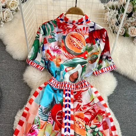 Polo Neck Printed Vintage Long Dress Short Sleeve Big Hem Slim Long Dress Vestidos Casual Fashion Women Elegant Robe - Lootquake