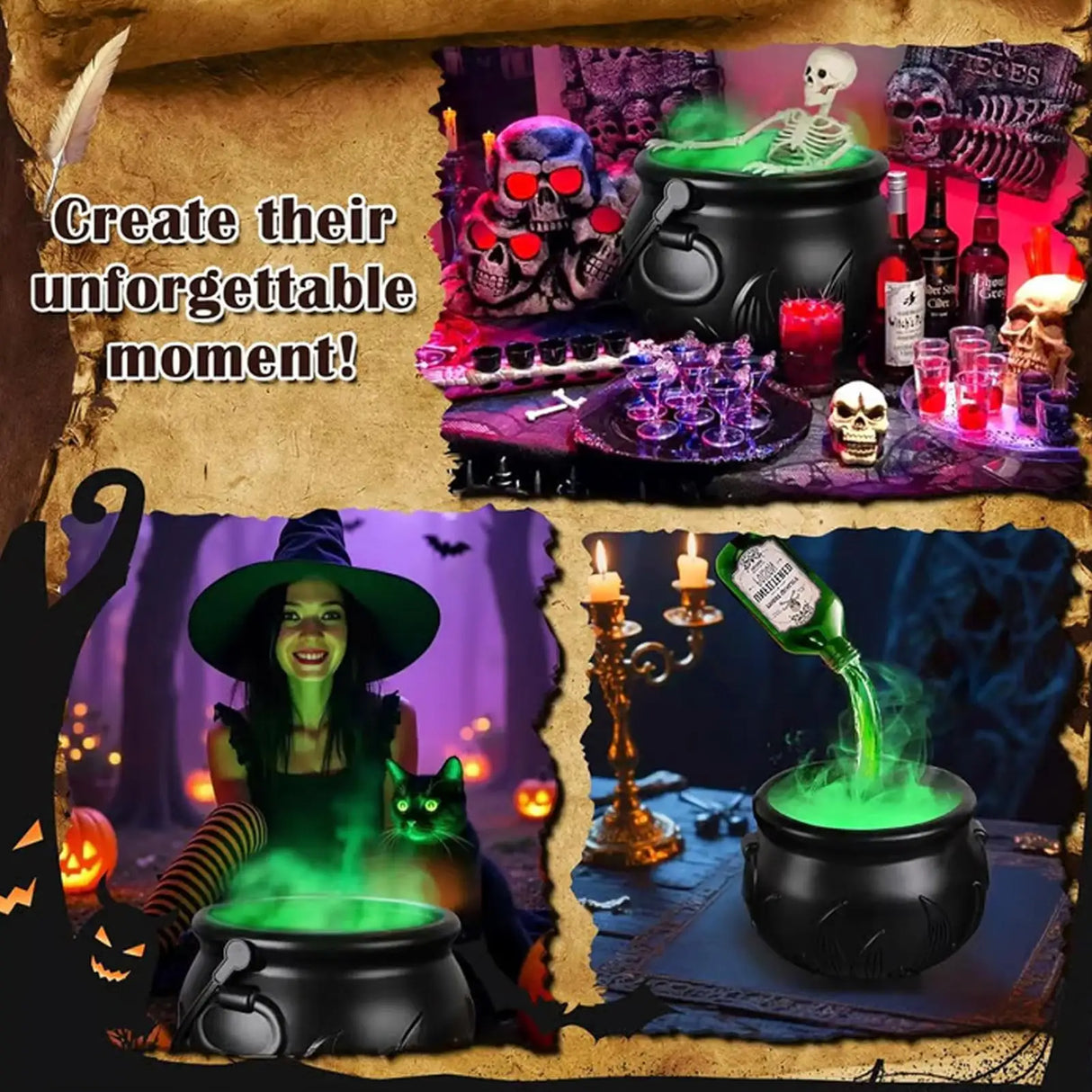 Halloween Decorations Indoor Cauldron Halloween Decor With Floating Potion Bottles And Diffuser Black Plastic Witches Bowl