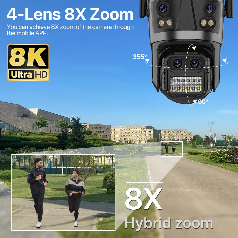 Cámara IP WIFI 8K con zoom 8X, cuatro lentes y cuatro pantallas, detección humana, 4K, 8MP, IP HD, doble pantalla, seguridad, impermeable, iCsee