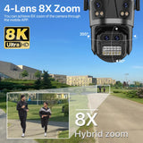 Cámara IP WIFI 8K con zoom 8X, cuatro lentes y cuatro pantallas, detección humana, 4K, 8MP, IP HD, doble pantalla, seguridad, impermeable, iCsee