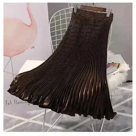 High-Waisted Vintage A- Line Accordion Skirt European Style Pleated Dress Metal Color Wide Hemline Long Dress For Women - Lootquake