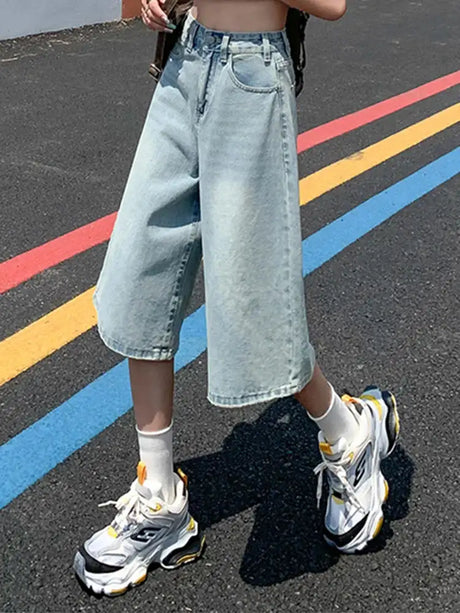 Female Summer American Vintage Baggy Denim Cropped Pants Woman High Waist Washed Wide Leg Jeans Light Blue Loose A Line Shorts - Lootquake