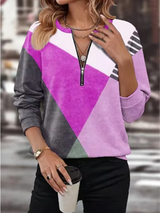 Color Blocked Printed Long Sleeved Zipper V-neck Women's T-shirt High Street Fashion Elegant Commuting Style Autumn Top - Lootquake