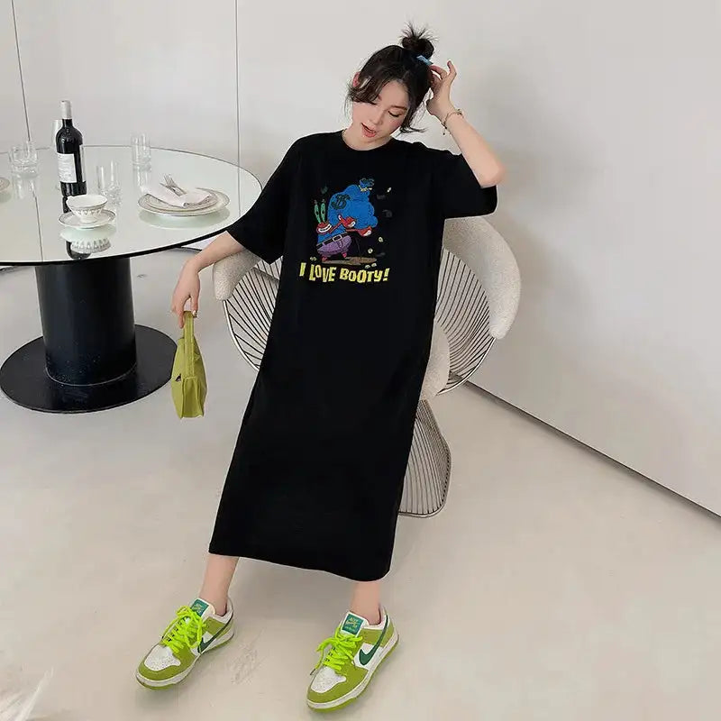 Vestido largo blanco con estampado Harajuku para mujer, ropa Y2K, informal, de manga corta y cuello redondo, moda coreana, vestidos sueltos de verano para mujer 2024